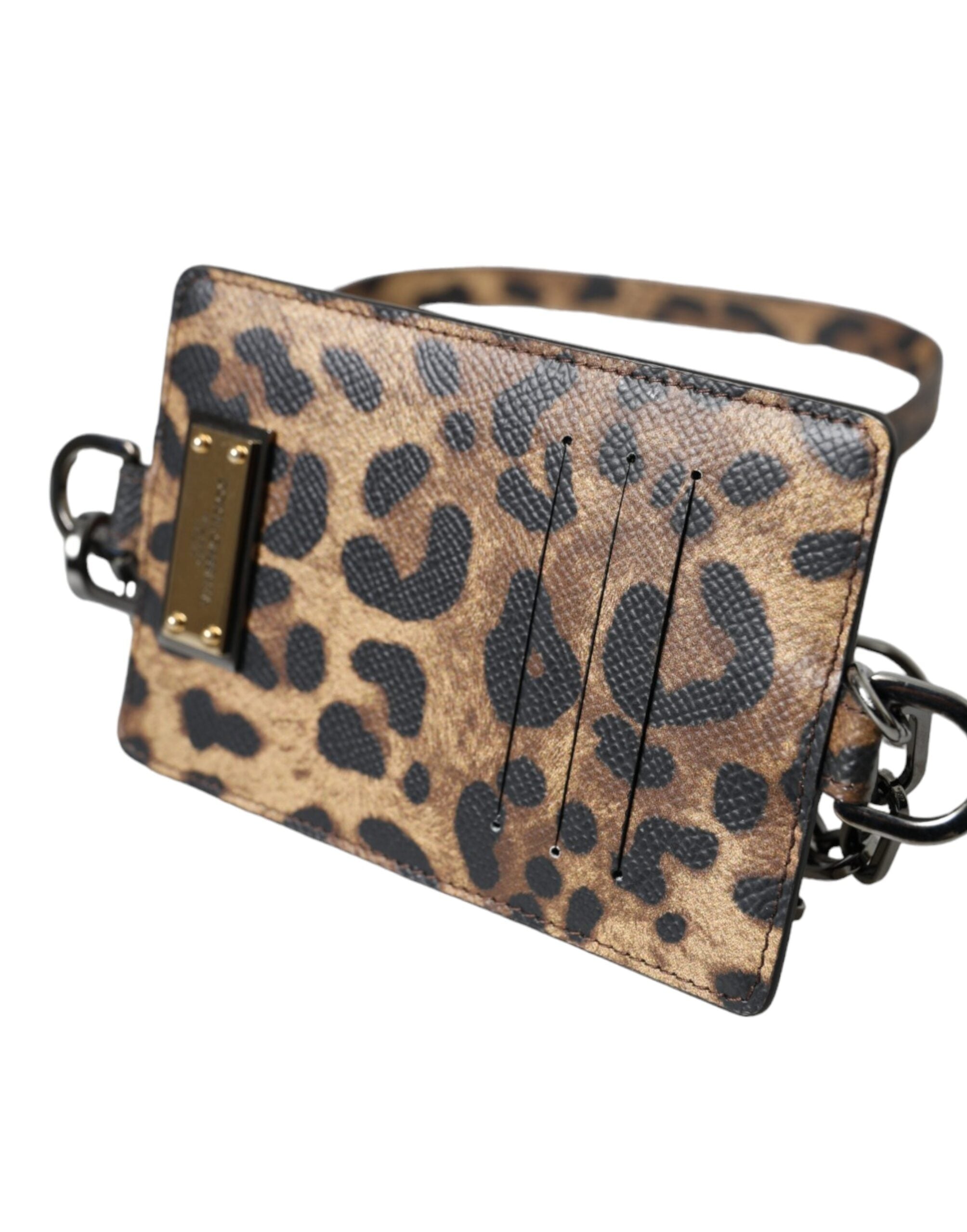 Dolce & Gabbana Kahverengi Deri Leopar Desenli Logo Plakalı Kartlık Cüzdan